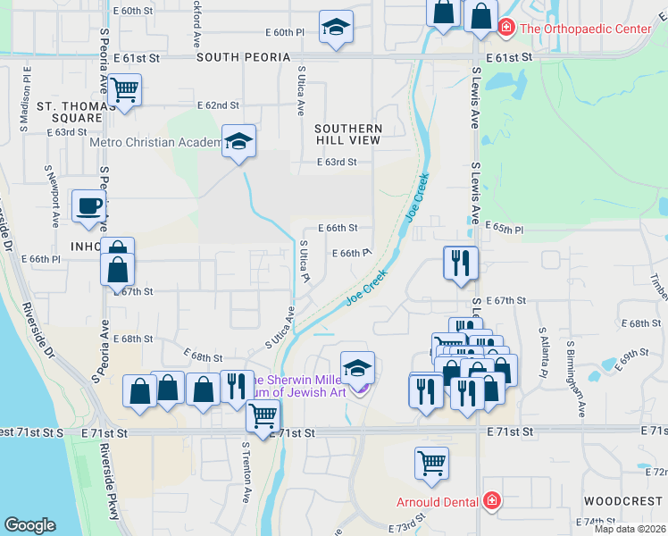 map of restaurants, bars, coffee shops, grocery stores, and more near 1808d East 66th Place in Tulsa