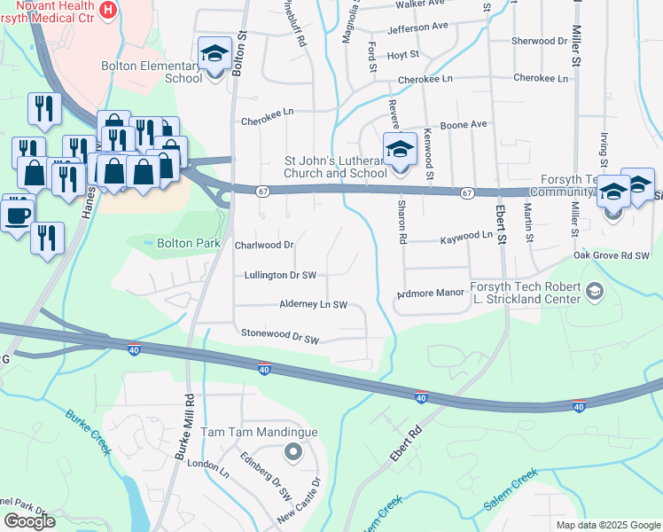 map of restaurants, bars, coffee shops, grocery stores, and more near 2543 Lullington Drive Southwest in Winston-Salem