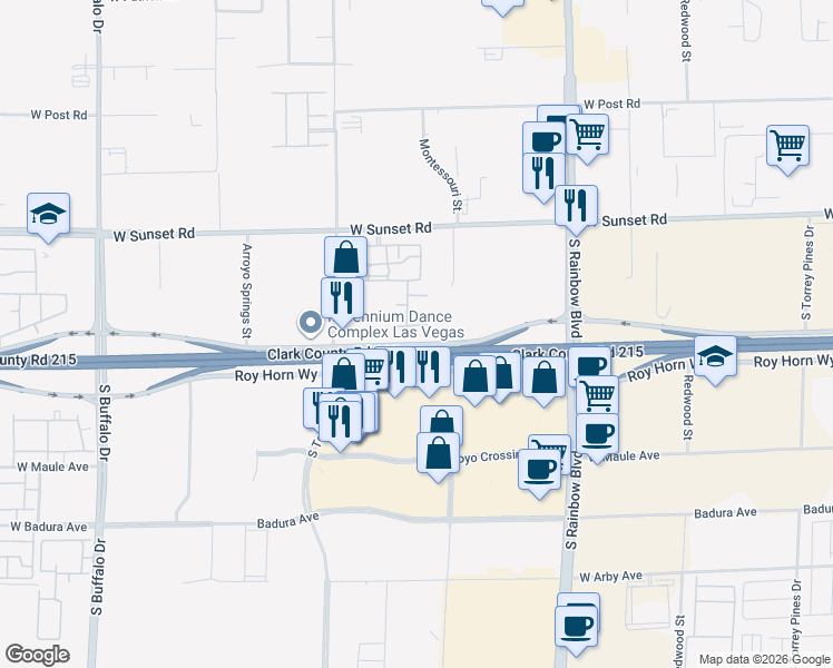 map of restaurants, bars, coffee shops, grocery stores, and more near 7255 West Sunset Road in Las Vegas