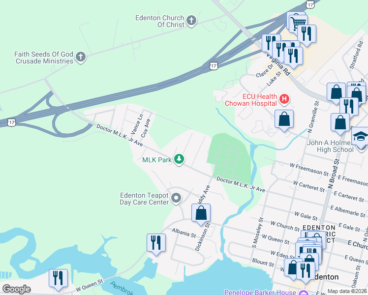 map of restaurants, bars, coffee shops, grocery stores, and more near 123 Valentine Avenue in Edenton