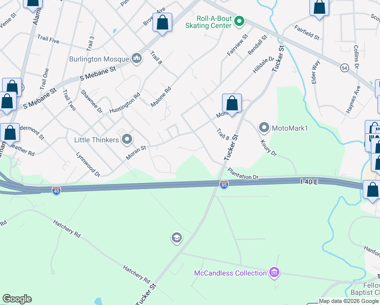 map of restaurants, bars, coffee shops, grocery stores, and more near 2407 Ashton Park Lane in Burlington