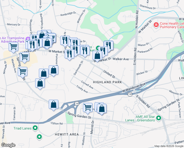 map of restaurants, bars, coffee shops, grocery stores, and more near 4316 Princeton Avenue in Greensboro