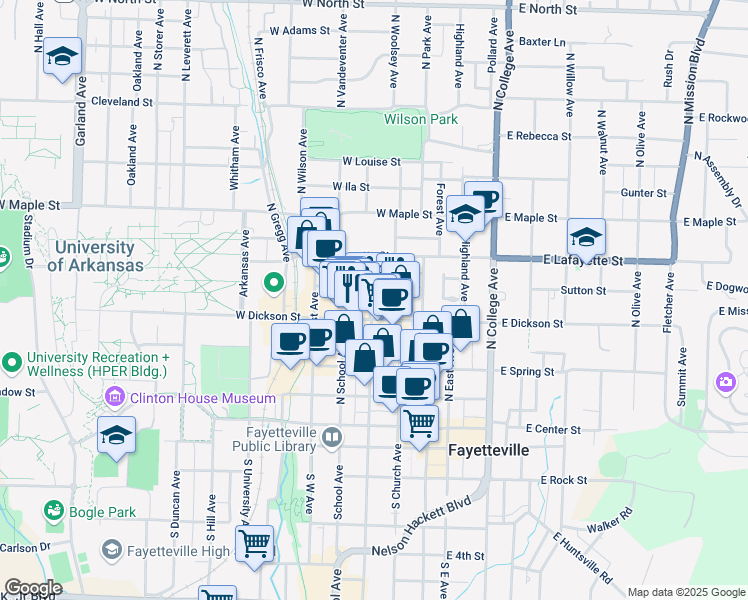 map of restaurants, bars, coffee shops, grocery stores, and more near in Fayetteville