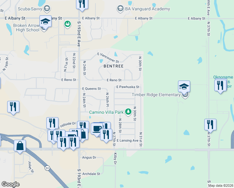 map of restaurants, bars, coffee shops, grocery stores, and more near 1412 North 27th Street in Broken Arrow
