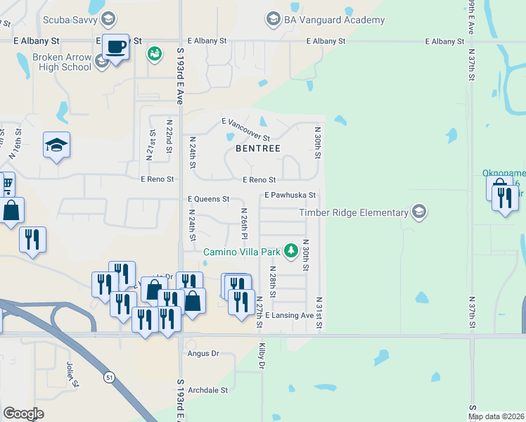 map of restaurants, bars, coffee shops, grocery stores, and more near 1412 North 27th Street in Broken Arrow