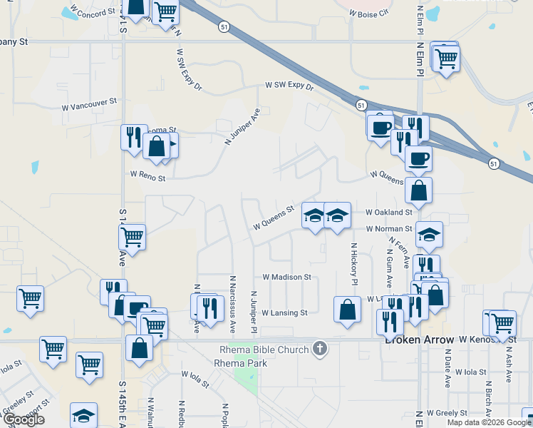 map of restaurants, bars, coffee shops, grocery stores, and more near 1408 North Ironwood Place in Broken Arrow