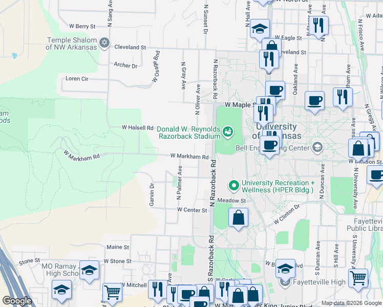map of restaurants, bars, coffee shops, grocery stores, and more near 325 North Hornsby Drive in Fayetteville