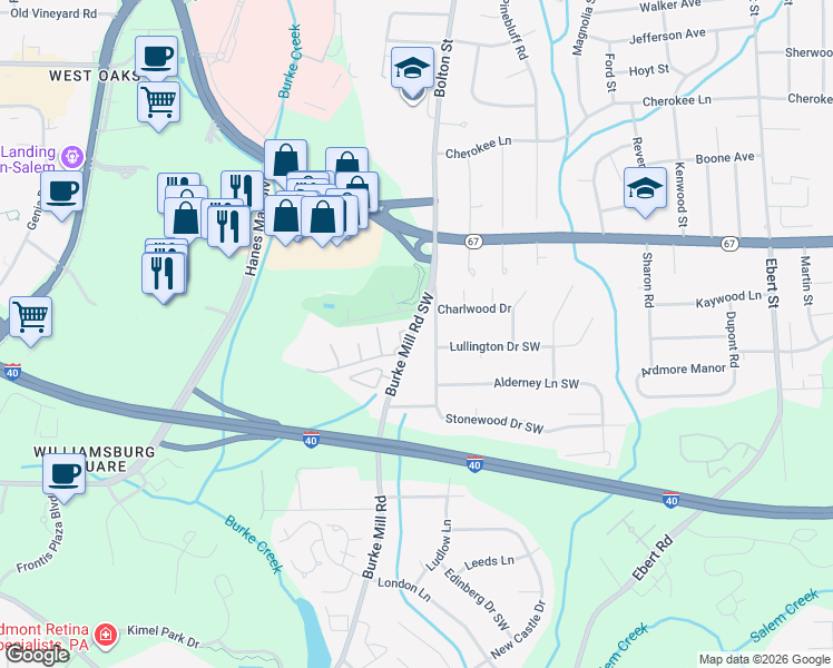 map of restaurants, bars, coffee shops, grocery stores, and more near 1640 Sandersted Road Southwest in Winston-Salem