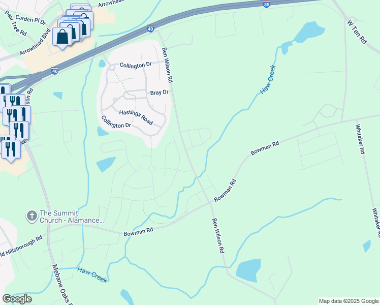map of restaurants, bars, coffee shops, grocery stores, and more near 1002 Ben Wilson Road in Mebane