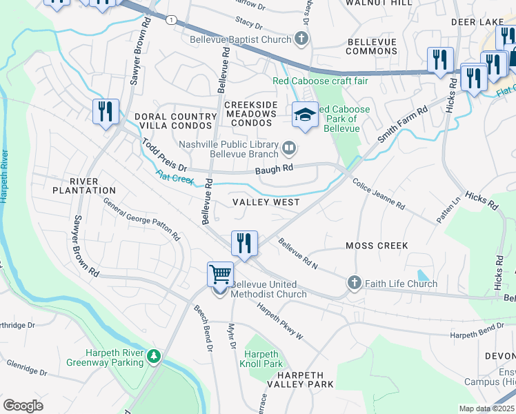 map of restaurants, bars, coffee shops, grocery stores, and more near 424 Belle Pointe Drive in Nashville