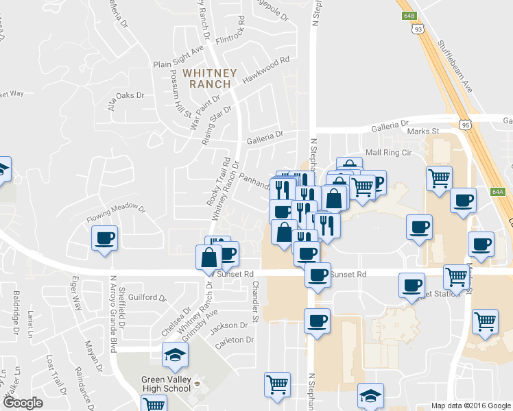 map of restaurants, bars, coffee shops, grocery stores, and more near 740 Tenderfoot Circle in Henderson
