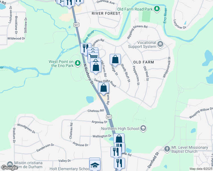 map of restaurants, bars, coffee shops, grocery stores, and more near 38 Riverwalk Terrace in Durham