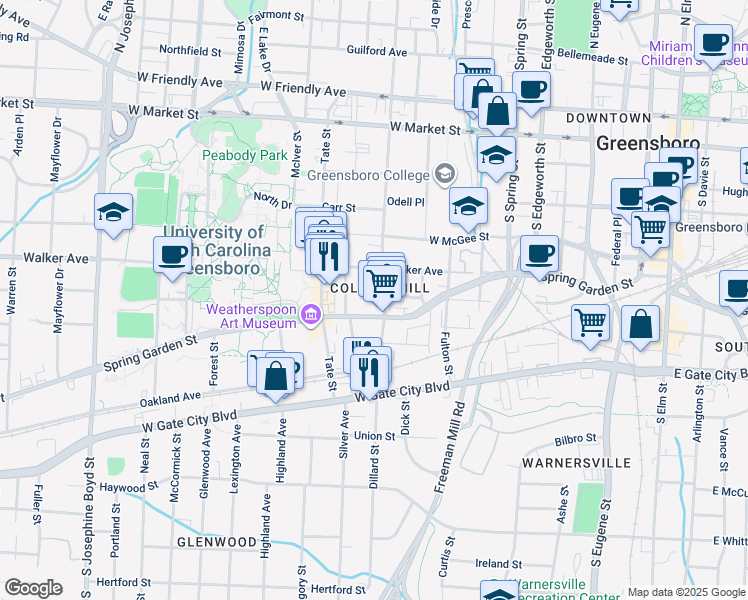 map of restaurants, bars, coffee shops, grocery stores, and more near in Greensboro