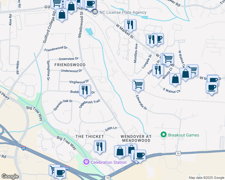 map of restaurants, bars, coffee shops, grocery stores, and more near 11 Meadowood Glen Way in Greensboro