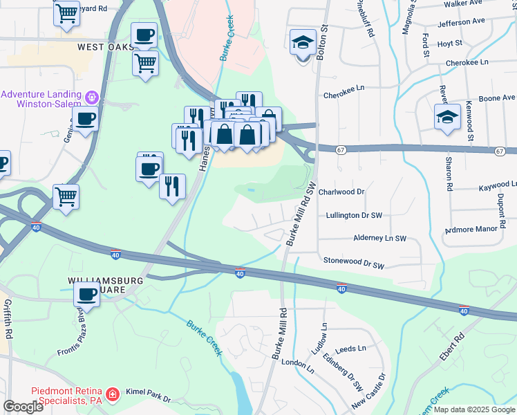map of restaurants, bars, coffee shops, grocery stores, and more near 2942 Saint Marks Road Southwest in Winston-Salem