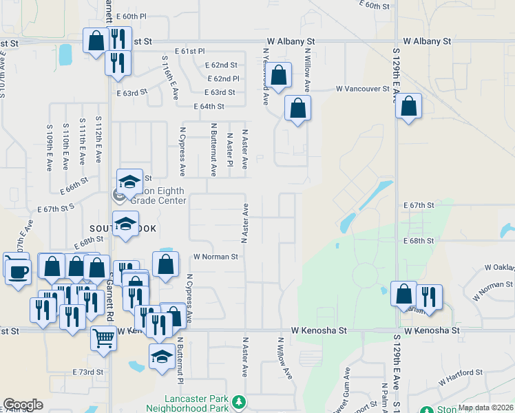 map of restaurants, bars, coffee shops, grocery stores, and more near 1517 North Aster Avenue in Broken Arrow