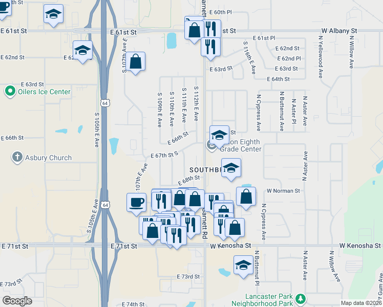 map of restaurants, bars, coffee shops, grocery stores, and more near 11208 East 67th Street in Tulsa