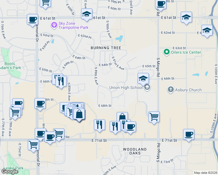 map of restaurants, bars, coffee shops, grocery stores, and more near 9106 East 66th Street in Tulsa