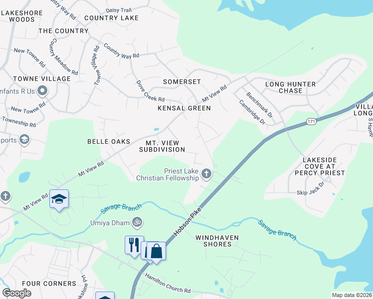 map of restaurants, bars, coffee shops, grocery stores, and more near 3553 Mount View Ridge Drive in Nashville