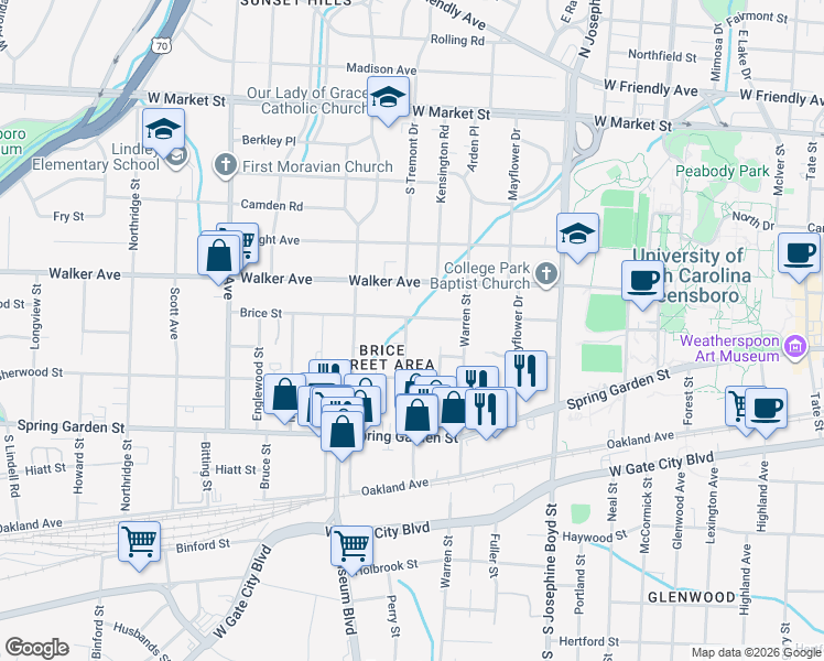 map of restaurants, bars, coffee shops, grocery stores, and more near 601 Granite Street in Greensboro