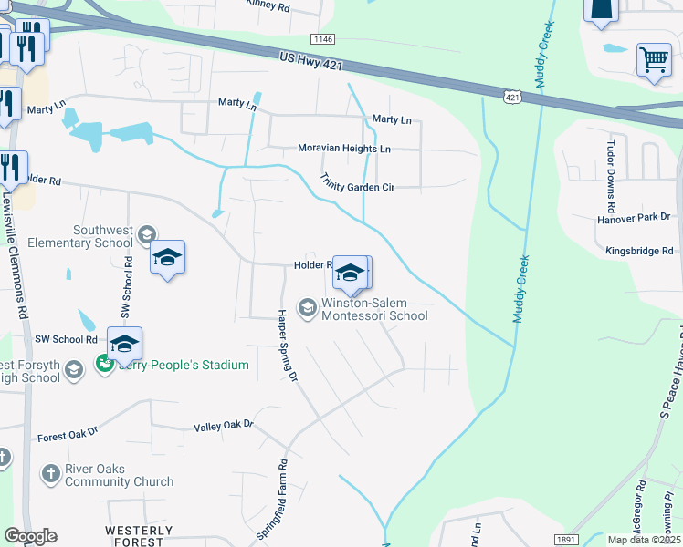 map of restaurants, bars, coffee shops, grocery stores, and more near 6114 Holder Road in Clemmons