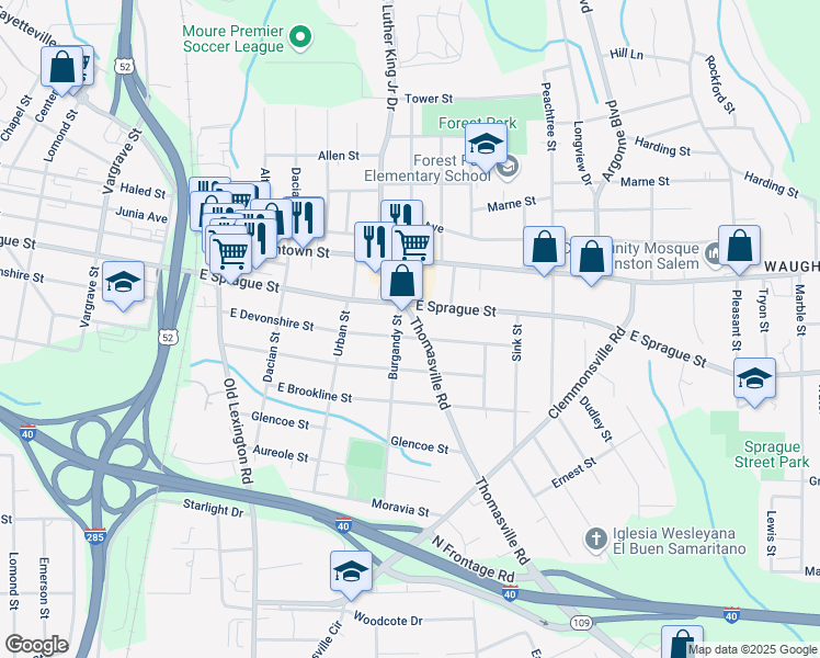 map of restaurants, bars, coffee shops, grocery stores, and more near 838 East Sprague Street in Winston-Salem