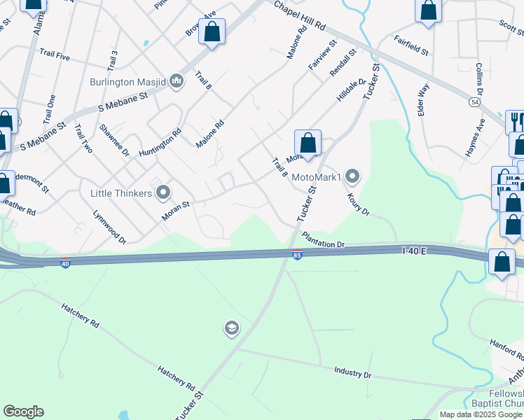 map of restaurants, bars, coffee shops, grocery stores, and more near 2404 Ashton Park Lane in Burlington