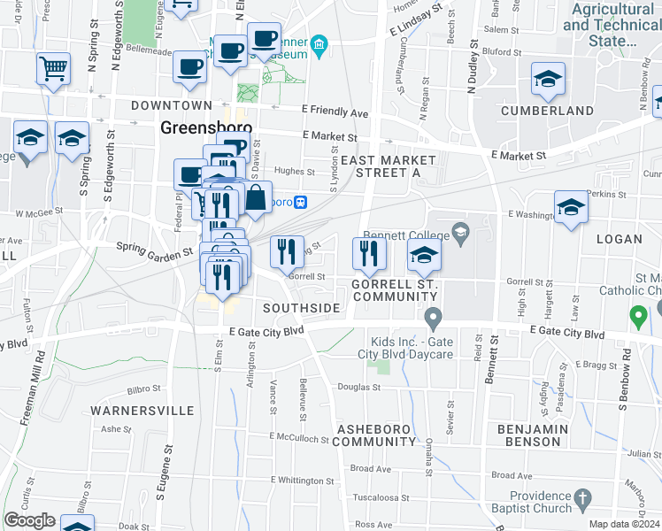 map of restaurants, bars, coffee shops, grocery stores, and more near 338 McAdoo Avenue in Greensboro