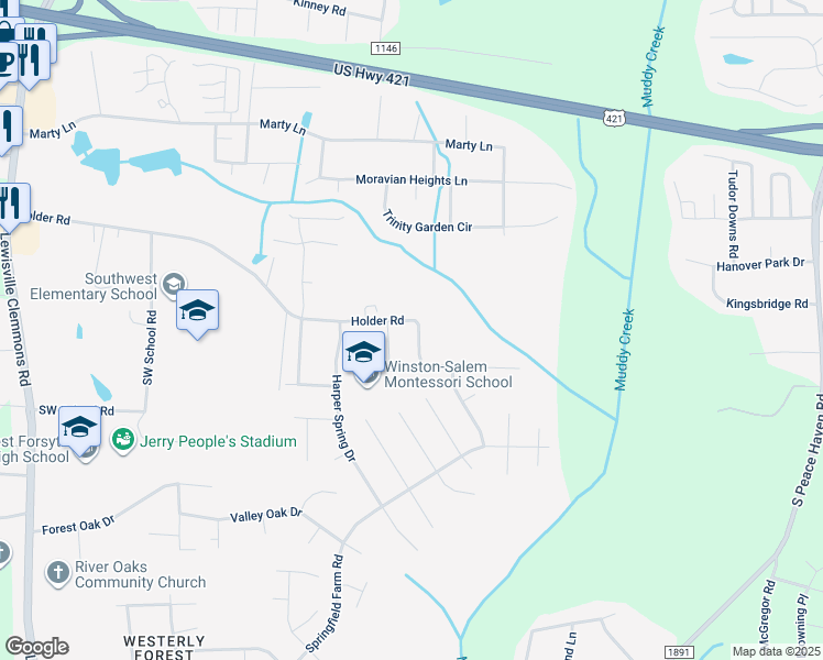 map of restaurants, bars, coffee shops, grocery stores, and more near 6114 Holder Road in Clemmons