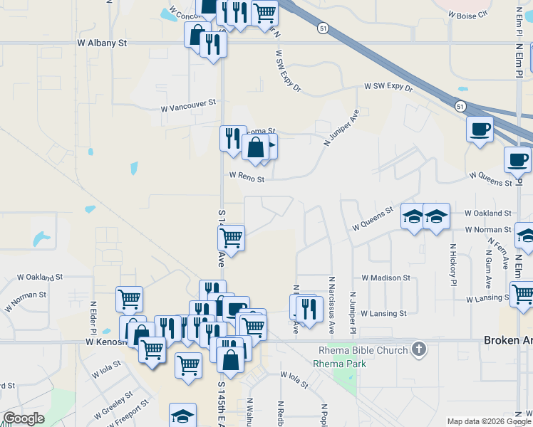 map of restaurants, bars, coffee shops, grocery stores, and more near 2001 West Princeton Circle in Broken Arrow