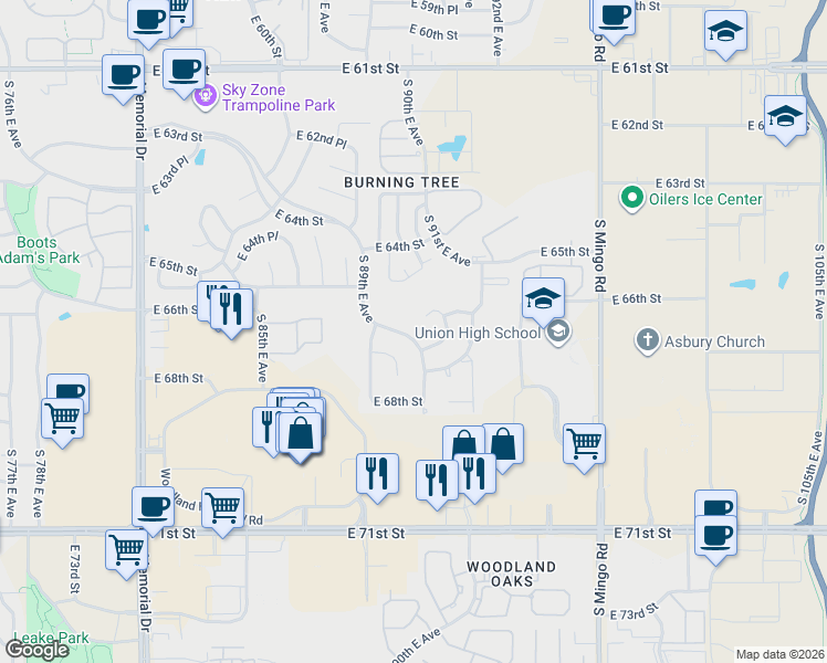 map of restaurants, bars, coffee shops, grocery stores, and more near 9106 East 66th Street in Tulsa