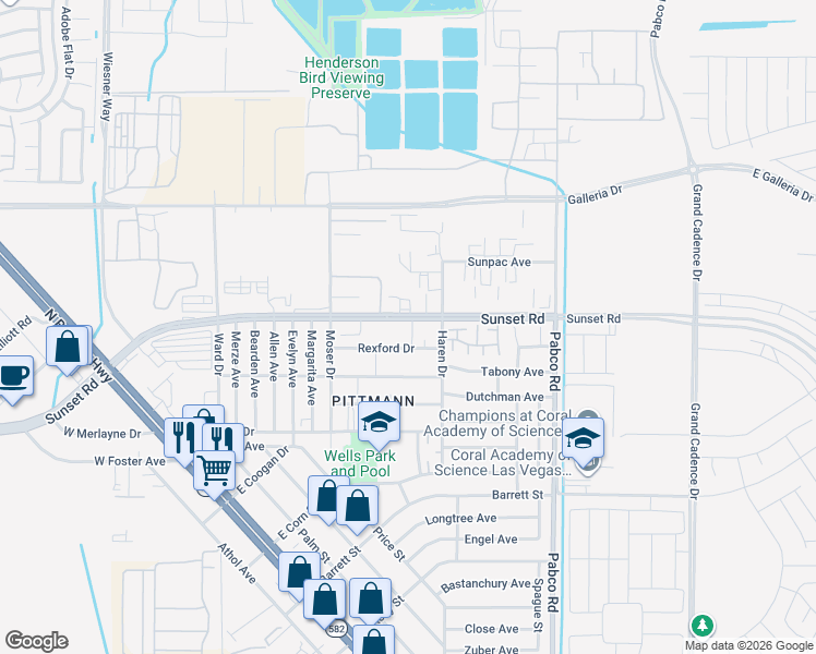 map of restaurants, bars, coffee shops, grocery stores, and more near 480 East Sunset Road in Henderson