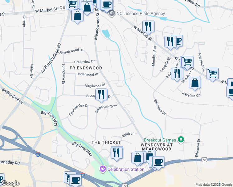 map of restaurants, bars, coffee shops, grocery stores, and more near 507 Meadowood Street in Greensboro