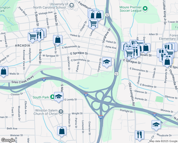 map of restaurants, bars, coffee shops, grocery stores, and more near 2400 Lucille Street in Winston-Salem