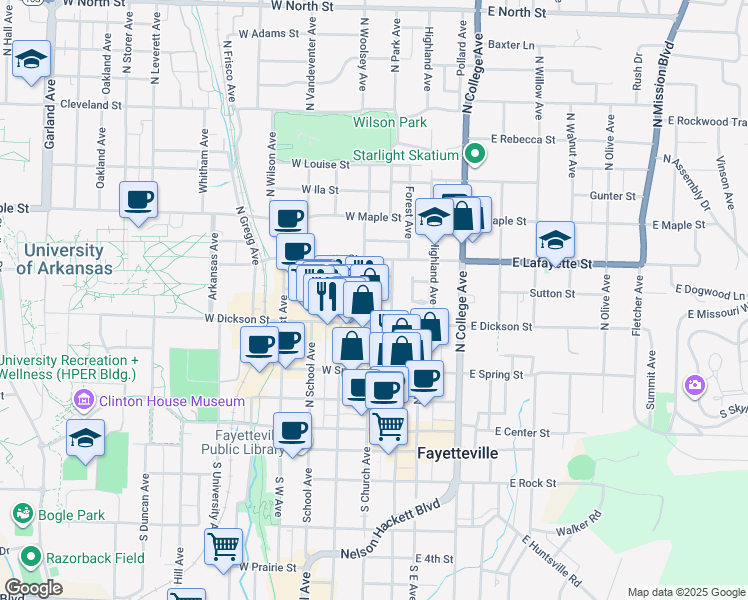 map of restaurants, bars, coffee shops, grocery stores, and more near 333 Saint Charles Avenue in Fayetteville
