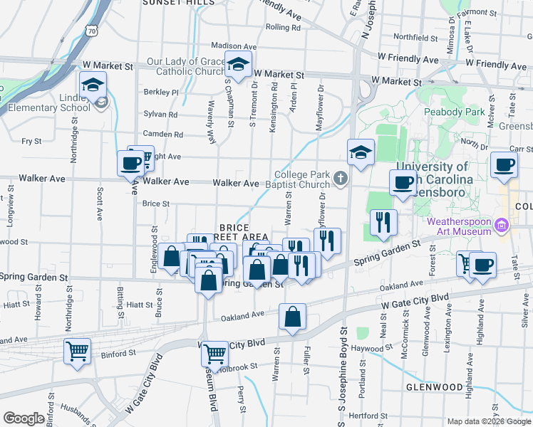 map of restaurants, bars, coffee shops, grocery stores, and more near 1714 Brice Street in Greensboro