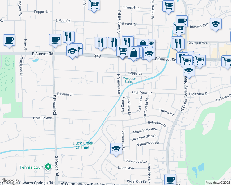 map of restaurants, bars, coffee shops, grocery stores, and more near 3784 East Pama Lane in Las Vegas
