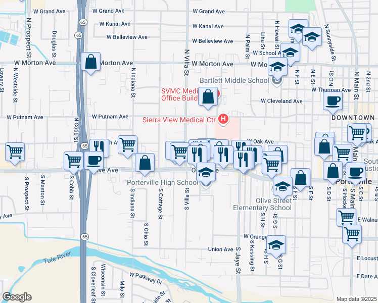 map of restaurants, bars, coffee shops, grocery stores, and more near 62 North Villa Street in Porterville