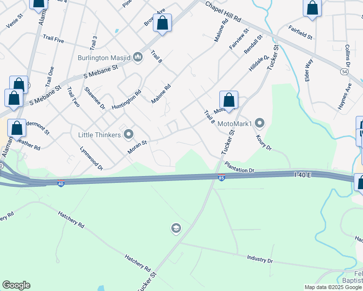 map of restaurants, bars, coffee shops, grocery stores, and more near 2407 Ashton Park Lane in Burlington