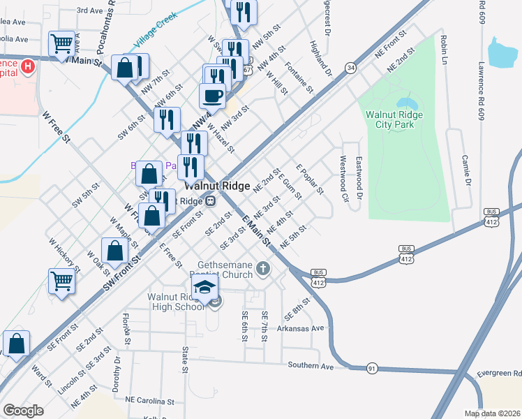 map of restaurants, bars, coffee shops, grocery stores, and more near 202 East Walnut Street in Walnut Ridge