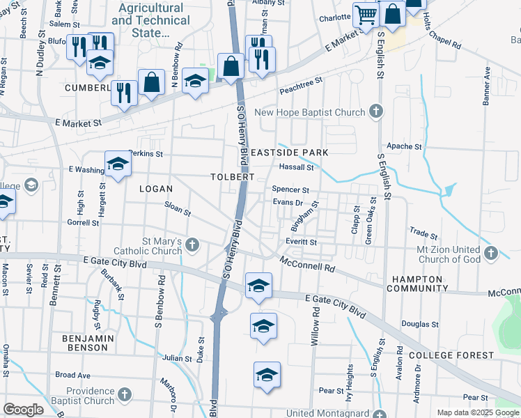 map of restaurants, bars, coffee shops, grocery stores, and more near 705 South O Henry Boulevard in Greensboro