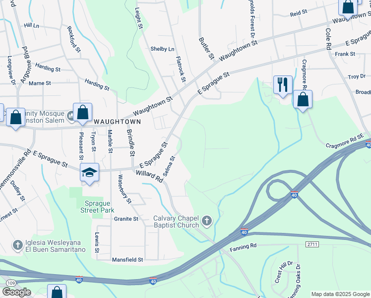 map of restaurants, bars, coffee shops, grocery stores, and more near Selma Street in Winston-Salem