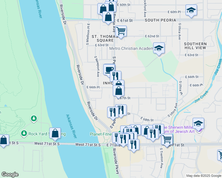 map of restaurants, bars, coffee shops, grocery stores, and more near 6622 South Peoria Avenue in Tulsa