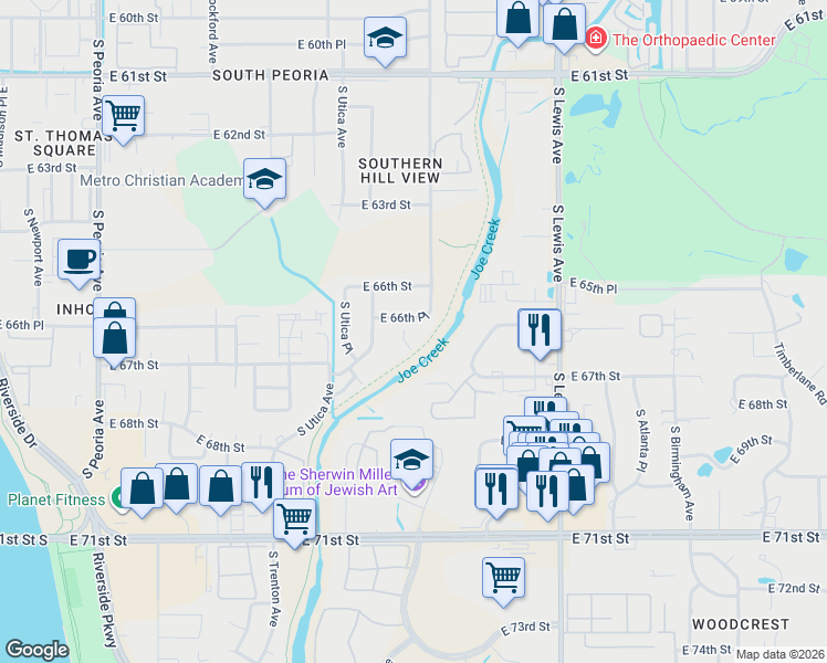 map of restaurants, bars, coffee shops, grocery stores, and more near 1808d East 66th Place in Tulsa