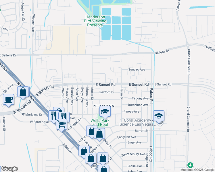 map of restaurants, bars, coffee shops, grocery stores, and more near 440 East Sunset Road in Henderson