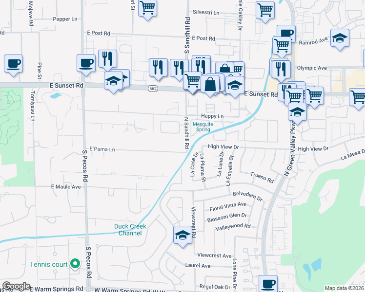 map of restaurants, bars, coffee shops, grocery stores, and more near 3784 East Pama Lane in Las Vegas