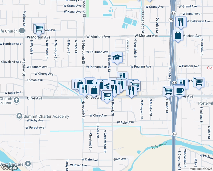 map of restaurants, bars, coffee shops, grocery stores, and more near 1431 Tomah Avenue in Porterville