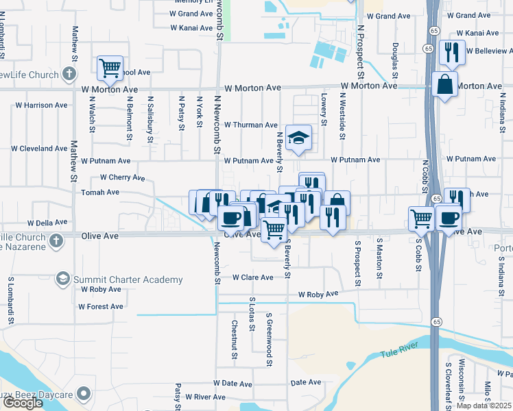 map of restaurants, bars, coffee shops, grocery stores, and more near 1481 Tomah Avenue in Porterville