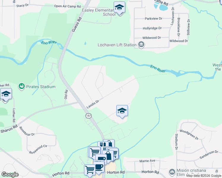 map of restaurants, bars, coffee shops, grocery stores, and more near 4110 Bartlett Drive in Durham