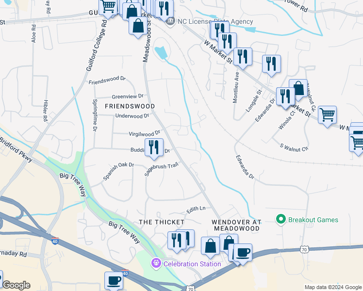 map of restaurants, bars, coffee shops, grocery stores, and more near 507 Meadowood Street in Greensboro